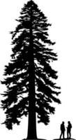 A majestic silhouette of a towering evergreen tree, with two figures standing at its base vector
