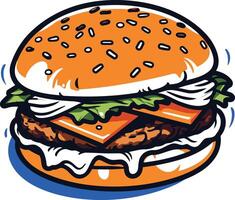 A delicious cartoon burger with a sesame seed bun, melted cheese, lettuce, onion, and a generous dollop of mayo vector