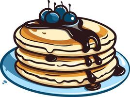 Delicious cartoon illustration of a stack of pancakes with chocolate sauce and blueberries vector