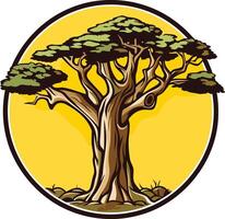 A stylized illustration of a strong, old tree with a thick trunk and branches spreading out against a bright yellow sun vector