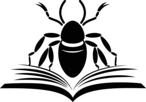 A striking black and white silhouette of an insect perched atop an open book vector