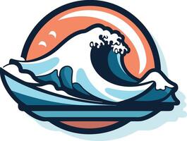 A colorful and stylized illustration of a breaking wave with a sunset in the background vector