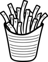 A simple line drawing of a classic french fry container, perfect for coloring pages, kids' books, and fast food illustrations vector