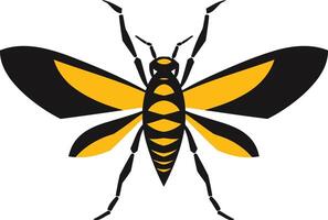 Simple, graphic illustration of a stylized wasp in black and yellow vector