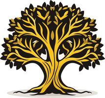 Stylized tree with golden branches and black leaves, perfect for logos, branding, and website design vector