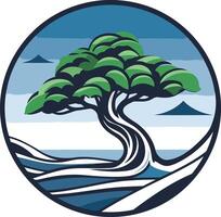 A stylized tree with intricate branches and a flowing trunk against a blue sky and ocean background vector