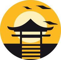 A minimalist, circular logo featuring a silhouette of a japanese temple gate against a setting sun vector