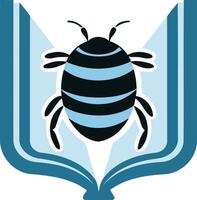 A stylized, abstract book icon with a bug or insect inside vector