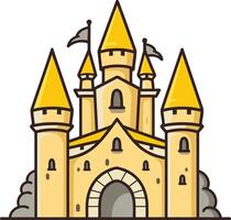 A whimsical cartoon illustration of a yellow castle with a large arched doorway, perfect for fairytale themed projects, children's books, and branding vector