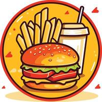 A delicious cartoon burger, fries, and a milkshake in a circular frame, perfect for fast food menus and advertising vector