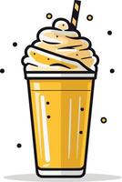 A cartoon illustration of a refreshing yellow milkshake with whipped cream and a straw vector