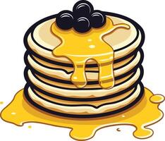 A cartoon illustration of a stack of pancakes dripping with honey and topped with blueberries vector