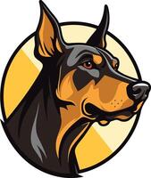 A fierce and striking illustration of a doberman pinscher head in a circular frame, perfect for branding, logos, and illustrations related to strength, loyalty, and protection vector