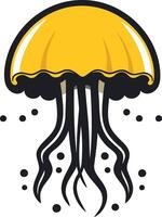 A cartoon style illustration of a jellyfish with a yellow bell and black tentacles vector