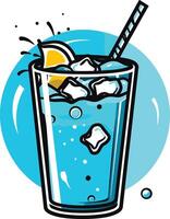 A refreshing glass of blue lemonade with ice and a lemon wedge, perfect for summertime drinks, menus, and branding vector