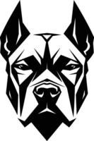 A bold, black and white illustration of a dog's head, featuring a powerful, geometric design vector