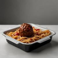 Black plastic rectangular container of Meat ball spaghetti isolated white background, side view, food photography, delicious, studio shot, shadows from the sun, zoom out photo