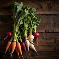 Fresh root vegetables such as carrots, beets, and radishes with their greens on a rustic wooden table, high resolution, style photo
