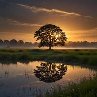 The sunrise over a calm field with a clear sky, with a gentle mist rolling over the dewy grass, creating a serene and ethereal atmosphere. In the foreground, a tranquil pond reflects the golden hues photo