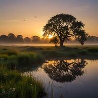 The sunrise over a calm field with a clear sky, with a gentle mist rolling over the dewy grass, creating a serene and ethereal atmosphere. In the foreground, a tranquil pond reflects the golden hues photo
