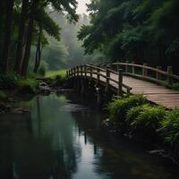 Cinematic, portrait photography, an ancient wooden bridge over a small creek running through a green forest, overcast sky, muted colors, accentuating shadows, high contrast color palette, shot on a photo