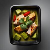 Black plastic rectangular container of Green Curry with chicken isolated white background, side view, food photography, delicious, studio shot, shadows from the sun, zoom out photo