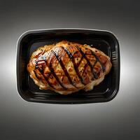 Black plastic rectangular container of Grilled chicken steak isolated white background, side view, food photography, delicious, studio shot, shadows from the sun, zoom out photo