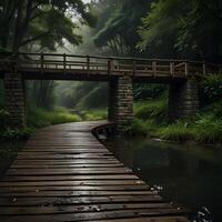 Cinematic, portrait photography, an ancient wooden bridge over a small creek running through a green forest, overcast sky, muted colors, accentuating shadows, high contrast color palette, shot on a photo