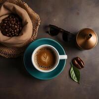 coffee in the style of a Shopify flatlay product shot layout, hero image photo