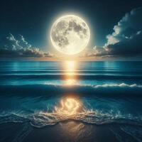 This image shows a full moon shining brightly in the night sky over the ocean. The moonlight reflects off the surface of the water creating a beautiful illuminated path across the waves. The scene is photo