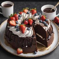3D oil painting 2 pound chocolate cake decorated with various toppings There was chocolate sauce and strawberry sauce poured over it. There is a lot of whipped cream. It was arranged on a pretty photo