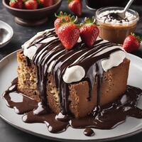 Chocolate coated pound bread At the top is 1 large strawberry. There's a lot of white whipped cream. Sprinkle with chocolate chips. Topped with juicy caramel and chocolate sauce. It was placed on a photo
