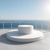 Empty concrete floor and round white podium. 3d rendering of sea view plaza with clear sky background. photo