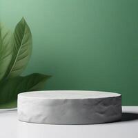 Natural stone and concrete podium in Natural green background for Empty show for packaging product presentation. Background for cosmetic products, the scene with green leaves. Mock up the pedestal. photo