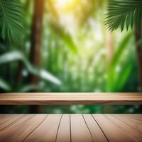 Top of wood table with seascape and palm tree, blur bokeh light of calm sea and sky at tropical beach background. Empty ready for your product display montage. summer vacation background concept. photo