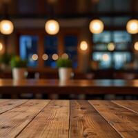 image of wooden table in front of abstract blurred background of resturant lights photo