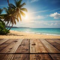 Top of wood table with seascape and palm tree, blur bokeh light of calm sea and sky at tropical beach background. Empty ready for your product display montage. summer vacation background concept. photo