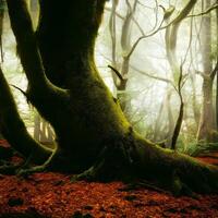 Creepy and mysterious forest with fallen leaves and giant trees covered in moss photo