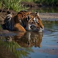 Image of a tiger cub with bright green eyes sitting next to a large puddle of water in its natural habitat, reflection in the puddle reveals a fully muscled adult tiger, The scene emphasizes the photo