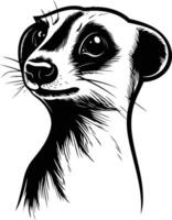 A striking black and white illustration of a meerkat's head, captured in a moment of alert curiosity vector