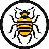 A simple, bold illustration of a yellow and black striped insect in a circle vector