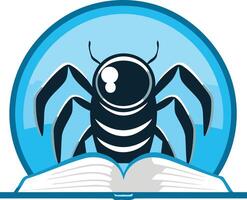 A stylized spider with a large eye peering over an open book, a unique and eye catching logo design for businesses related to knowledge, research, or data vector