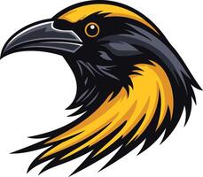 A fierce, stylized raven head with sharp features and a striking yellow crest vector