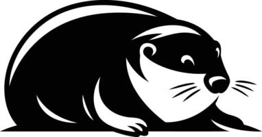 Black and white illustration of an otter peeking out from behind a rock vector