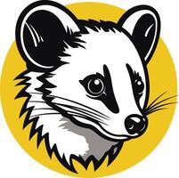 A bold and graphic black and white illustration of a possum's head, set against a vibrant yellow circle vector