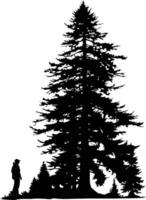 A dramatic silhouette of a tall, majestic pine tree with a small figure standing in the foreground vector
