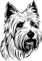 A striking black and white illustration of a westie's head, capturing its distinct features and playful expression vector