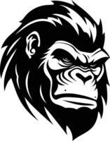 A powerful and intense black and white illustration of a gorilla's head, perfect for tattoo designs, branding, or any project needing a fierce and bold aesthetic vector
