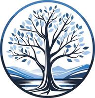 A stylized tree with blue leaves, standing tall in a circular frame, with a serene landscape of mountains and water at the base vector