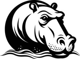 A strong and bold black and white illustration of a hippopotamus head emerging from the water vector